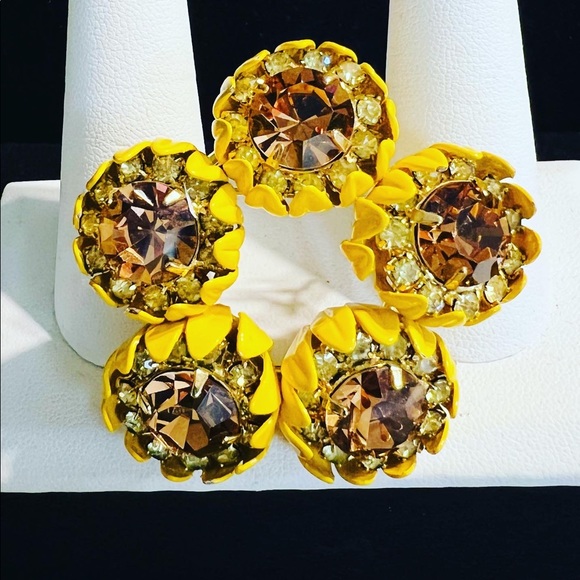 Vintage Yellow Enamel Crystal Floral Statement Brooch